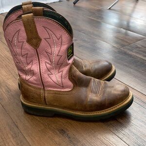 John Deere Girls' Brown Leather Work Boots with Pink Shaft
